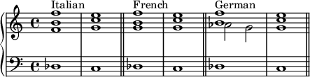  { \new PianoStaff << \new Staff << \new Voice \relative c' { \clef treble \key c \major \time 4/4 <f b f'>1^\markup { "Italian" } <g c e> <g b f'>^\markup { "French" } <g c e> \voiceOne <b f'>^\markup { "German" } <c e> } \new Voice \relative c'' { \clef treble \key c \major \time 4/4 s1 s s s \voiceTwo aes2 g g1 } >> \new Staff << \relative c { \clef bass \key c \major \time 4/4 des1 c \bar "||" des c \bar "||" des c \bar "||" } >> >> } 