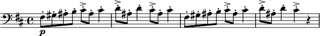\relative c{\set Score.tempoHideNote = ##t \tempo 4 = 138 \clef "bass" \key b \minor fis8-. \p gis-. ais-. b-. cis-.-> ais-. cis4-. | d8-.-> ais-. d4-. cis8-.-> ais-. cis4-. | fis,8-. gis-. ais-. b-. cis-.-> ais-. cis4-. | d8-.-> ais-. d4-. cis4-.-> r4}