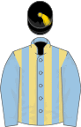 Light blue, buff stripes, blue sleeves, black cap, gold tassel