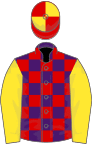 Purple and Red check, Yellow sleeves, Red and Yellow quartered cap