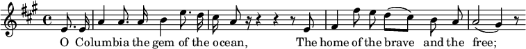  \new Staff { << \new Voice = "one" \relative c' { \autoBeamOff \clef treble \key a \major \time 4/4 \partial 8*2 e8. e16 | a4 a8. a16 b4 e8. d16 | cis16 a8 r16 r4 r r8 e8 | fis4 fis'8 e d([ cis]) b a | a2( gis4) r8 } \new Lyrics \lyricsto "one" { O Co -- lum -- bia the gem of the o -- cean, The home of the brave__ and the free;__ } >> } 