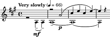 \relative c'' { \clef treble \key a \major \time 4/4 \tempo "Very slowly" 4 = 66 << { s1 | r2 a\p( | cis4 e cis e)~ | e r } \\ { r2 a,,4\mf--( a--) | a1--~ | a1( | a2) } >> }