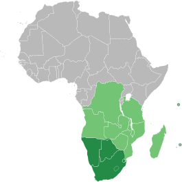 Map of Africa indicating SADC (light green) and SADC+SACU (dark green) members.