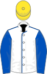 White, royal blue seams and sleeves, yellow cap
