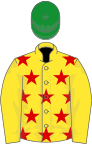 Yellow, red stars on body, green cap