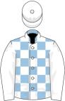Light blue and white check, white sleeves and cap