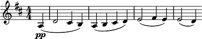  \relative c' { \clef treble \numericTimeSignature \time 4/4 \key d \major \partial 4*1 a4\pp( | d2 cis4 b) | a( b cis d) | e2( fis4 e) | e2( d4) } 