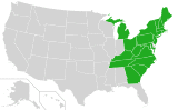 Geographical distribution of Trillium undulatum in the USA