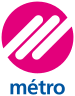 Pink circle with three diagonal white lozenges forming stylised letter 'm'