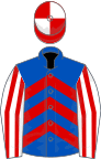 Royal blue, red chevrons, white and red striped sleeves, red and white quartered cap