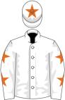 White, orange stars on sleeves, orange star on cap