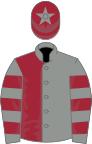 Grey and maroon (halved), hooped sleeves, maroon cap, grey star