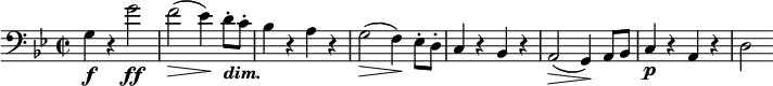  \relative c' { \set Score.tempoHideNote = ##t \tempo 2 = 72 \set Staff.midiInstrument = #"cello" \set Score.currentBarNumber = #17 \key g \minor \time 2/2 \clef bass g4\f r g'2\ff f(\> es4)\! d8-._\markup { \bold \italic "dim." } c-. bes4 r a r g2(\> f4)\! es8-. d-. c4 r bes r a2(\> g4)\! a8 bes c4\p r a r d2 } 