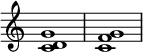 { \override Score.TimeSignature #'stencil = ##f \relative c' { \clef treble \time 4/4 \key c \major <c d g>1 <c f g>1 } }