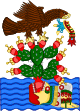 Engraving of the Teocalli of the Sacred War representing the Aztec coat of arms of Aztec Empire.