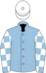 Light blue, light blue and white check sleeves, white cap