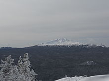 A mountain with steep slopes covered in snow rises above dense forest.