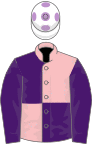 Pink and purple (quartered), purple sleeves, white cap, mauve spots
