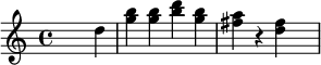 {\set Staff.midiInstrument = #"celesta" \time 4/4 \skip2. d''4 <b'' g''>4 <b'' g''>4 <d''' b''>4 <b'' g''>4 <fis'' a''>4 r4 <d'' fis''>4 \skip4}