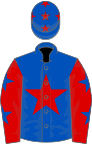 Royal blue, red star, red sleeves, royal blue stars, royal blue cap, red stars