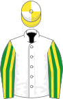 White, green and yellow striped sleeves, yellow and white quartered cap