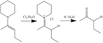 Chlorination/brominatio of enamines takes place in diethyl ether.