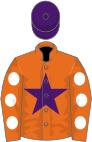 Orange, purple star, white spots on sleeves, purple cap
