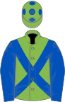 LIGHT GREEN, royal blue cross sashes and sleeves, light green cap, royal blue spots