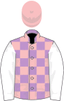 Mauve and pink check, white sleeves, pink cap