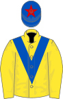 YELLOW, royal blue chevron, royal blue cap, red star