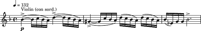 \relative c'' { \clef treble \time 4/4 \key d \minor \tempo 4 = 132 bes\p->~(^"Violin (con sord.)" bes16 c bes a) d4->~( d16 c bes a) | gis4->~( gis16 c bes a) d( c bes a) d( c bes a) | bes( ees,) g g bes2.-> }
