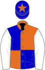 Orange and blue (quartered), white sleeves, blue cap, orange star