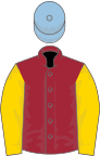 Maroon, gold sleeves, light blue cap