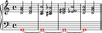  \new PianoStaff << \new Staff << \new Voice \relative c' { \clef treble \key c \major \time 4/4 <d g b>2 <d f b> <c e c'> <cis e bes'> <d fis a> <es fis c'> <d g c> <d g b> } >> \new Staff << \relative c { \clef bass \key c \major \time 4/4 \override NoteHead.color = #red g1~ g~ g~ g \bar "||" } >> >> 