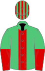 Emerald green, red stripe, halved sleeves, emerald green and red striped cap