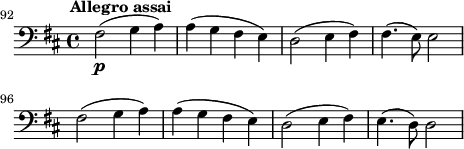 \layout { indent = 0 } \new Score { #(set-default-paper-size "b6") \new Staff { \relative c, { \set Staff.midiInstrument = #"cello" \set Score.currentBarNumber = #92 \time 4/4 \key d \major \clef "bass_8" \omit Staff.ClefModifier \tempo 2 = 60 \omit Score.MetronomeMark \bar "" fis2\p^\markup { \halign #-0.5 \bold "Allegro assai" }( g4 a) | a4( g fis e) | d2( e4 fis) | fis4.( e8) e2 | fis2( g4 a) | a4( g fis e) | d2( e4 fis) | e4.( d8) d2 } } }