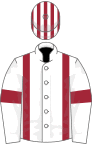 White, maroon braces and armlets, striped cap