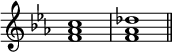  { \override Score.TimeSignature #'stencil = ##f \relative c' { \time 4/4 \key c \minor <f aes c>1 <f aes des> \bar "||" } } 