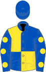 Royal blue and yellow (quartered), royal blue sleeves, yellow spots, royal blue cap