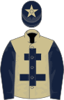 Beige, dark blue cross of lorraine and sleeves, dark blue cap, beige star