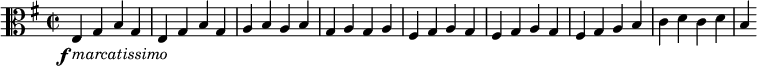  \version "2.14.2" \relative c { \clef alto \time 2/2 \key e \minor \set Score.tempoHideNote = ##t \tempo 2 = 150 \once \override DynamicText #'extra-offset = #'(-2 . 0) \once \override TextScript #'extra-offset = #'(0 . 2.5) e4\f_\markup{\italic{marcatissimo}} g b g e g b g a b a b g a g a fis g a g fis g a g fis g a b c d c d b } 
