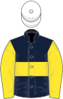 Dark blue, yellow hoop and sleeves, white cap
