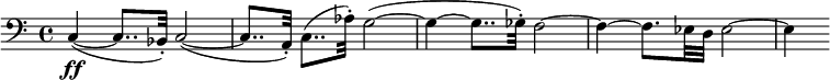  \version "2.14.2" \relative c { \clef bass \time 4/4 \set Score.tempoHideNote = ##t \tempo 8 = 100 c4\ff( ~ c8.. bes32-.) c2( ~ c8.. a32-.) c8..( aes'32-.) g2( ~ g4 ~ g8.. ges32-.) f2 ~ f4 ~ f8. ees32 d ees2 ~ ees4 } 