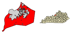 highlighted portion of Jefferson County represents the "balance" population of Louisville[citation needed] Also seen is the location of Louisville in the state of Kentucky.