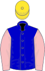 Blue, pink sleeves, yellow cap
