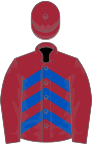 Maroon, royal blue chevrons, maroon sleeves and cap
