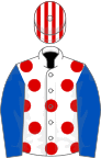 White, Red spots, Royal Blue sleeves, Red and White striped cap