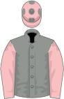 Grey, pink sleeves, pink cap, grey spots