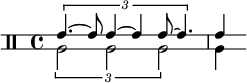  << \relative c' { \override Staff.StaffSymbol.line-positions = #'(-2 2) \clef percussion \time 4/4 \tuplet 3/2 { e4.~ e8 e4~ e e8~ e4. } e4 } \\ \relative c' { \tuplet 3/2 { a2 a a } a4 } >> 