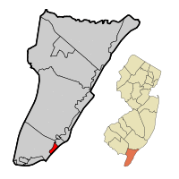 Wildwood Crest Borough highlighted in Cape May County. Inset map: Cape May County highlighted in the State of New Jersey.